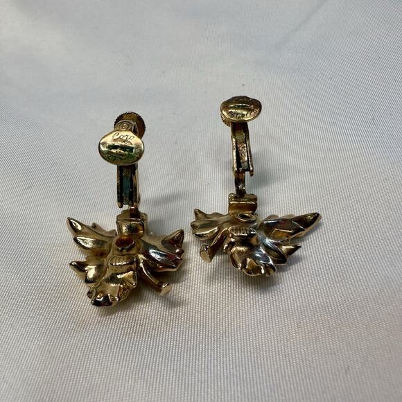 Vintage Coro Gold Tone Leaf Earrings Faux Pearl Rhinestone Clip On Signed - Picture 4 of 5